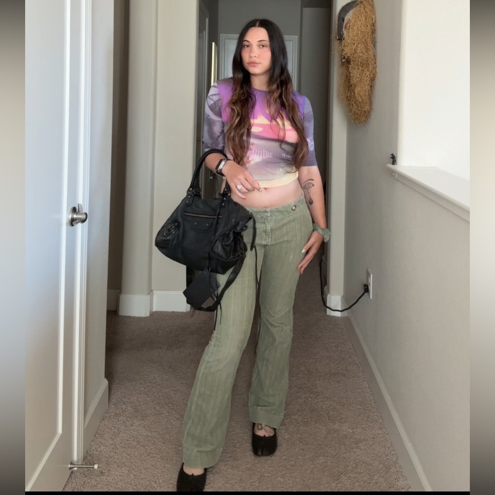 Vintage Y2K Green Corduroy Forever 21 Low Waist pants with Grommet detail